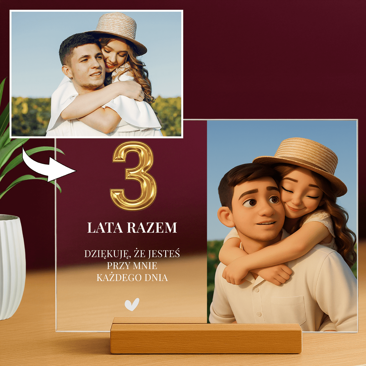3 lata razem - personalizowany druk na szkle dla pary - Emmygift.pl