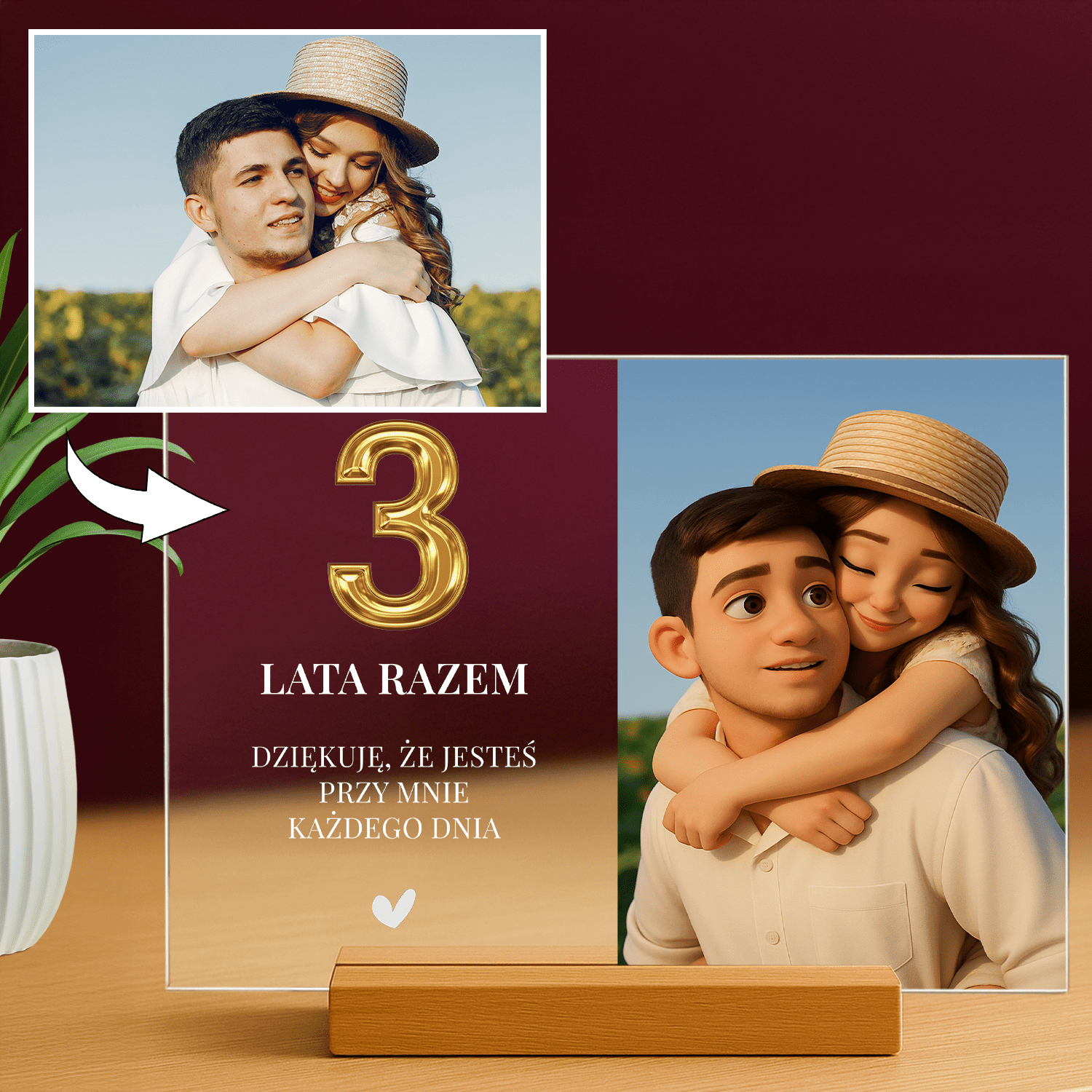 3 lata razem - personalizowany druk na szkle dla pary - Emmygift.pl