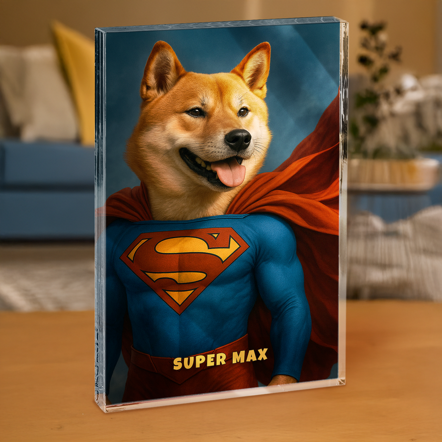 Portret psa superbohatera - personalizowany druk na grubym szkle dla miłośnika psów