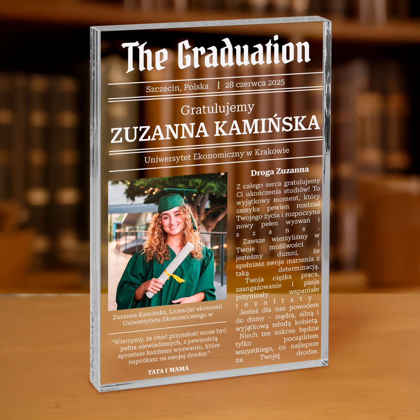 Gratulacje dla absolwentki - personalizowany druk na grubym szkle dla niej