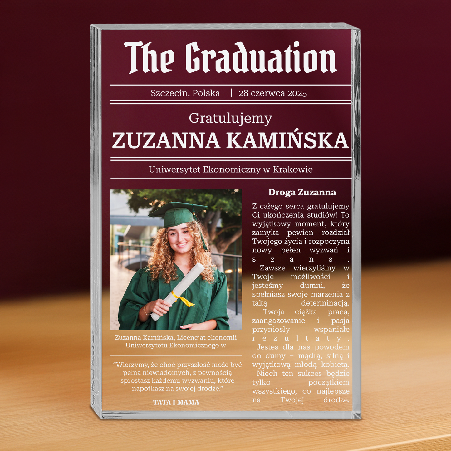 Gratulacje dla absolwentki - personalizowany druk na grubym szkle dla niej