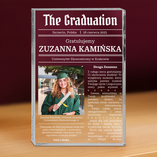 Gratulacje dla absolwentki - personalizowany druk na grubym szkle dla niej