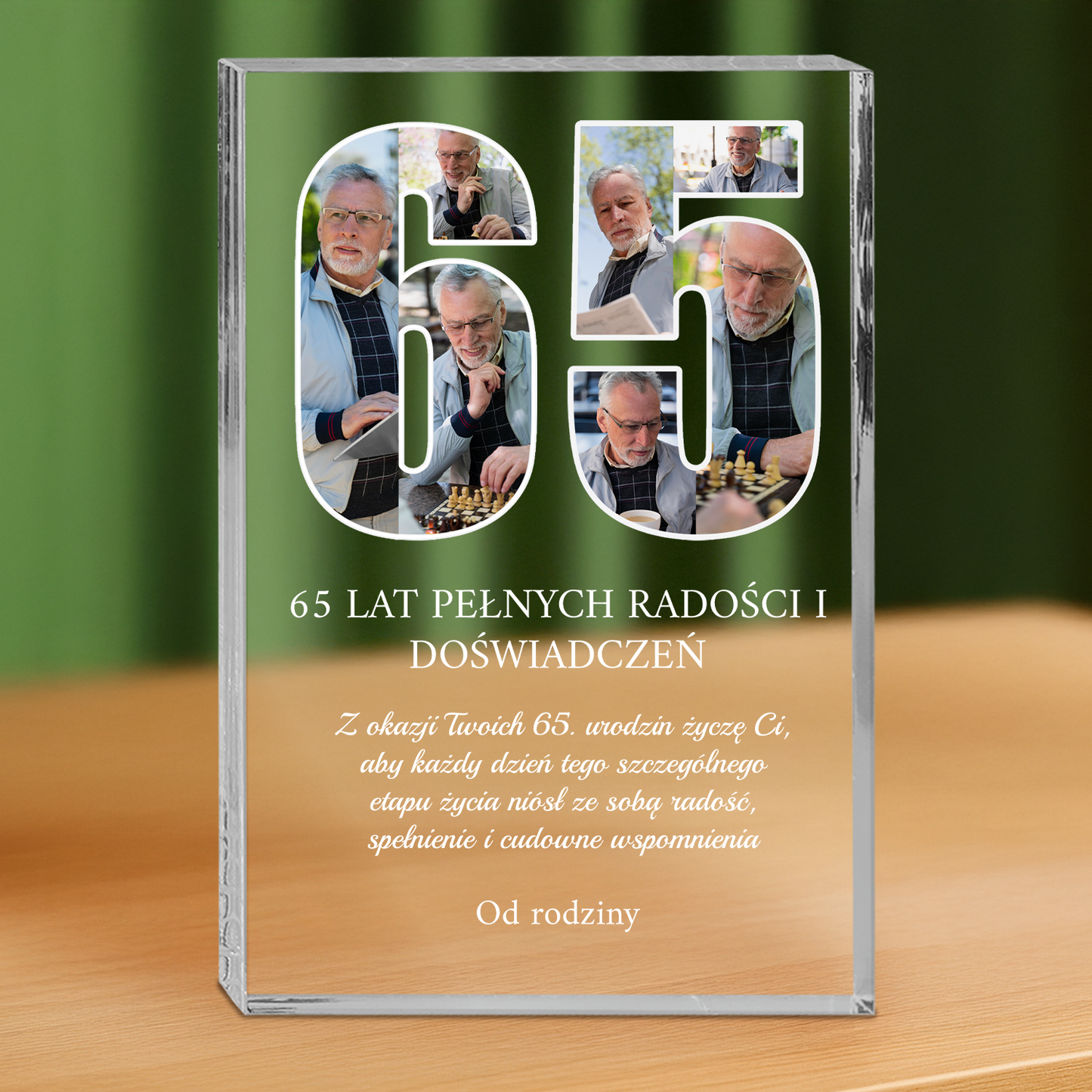 Życzenia na 65 urodziny - personalizowany druk na grubym szkle dla mężczyzny