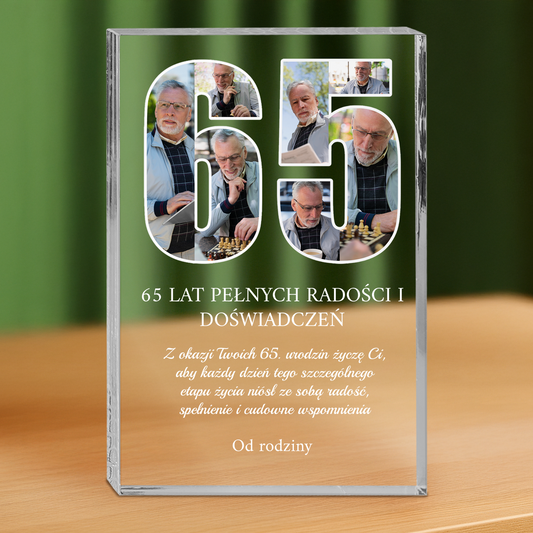 Życzenia na 65 urodziny - personalizowany druk na grubym szkle dla mężczyzny