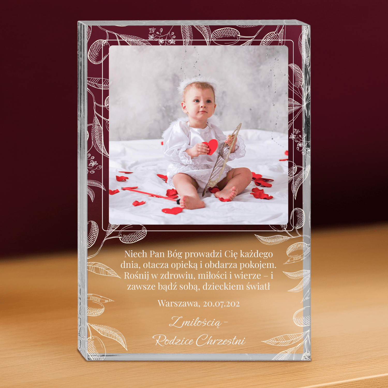 Pamiątka Chrztu - personalizowany druk na grubym szkle dla dziecka - Emmygift.pl
