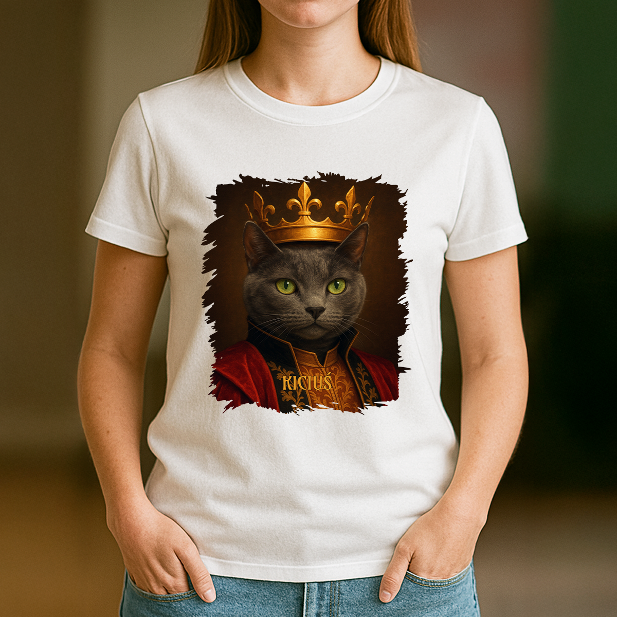 Kot w roli króla - koszulka damska z nadrukiem dla miłośnika kotów