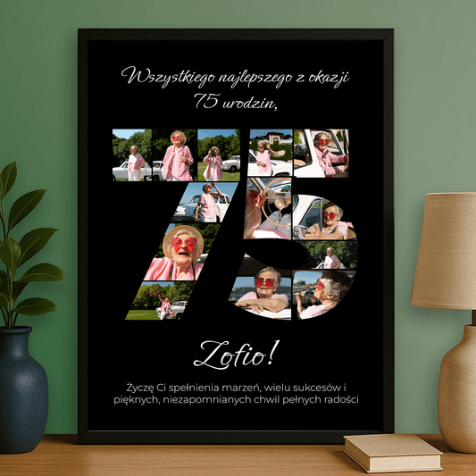 Czarny plakat jubileuszowy 75 lat – personalizowany prezent dla niej - Emmygift.pl
