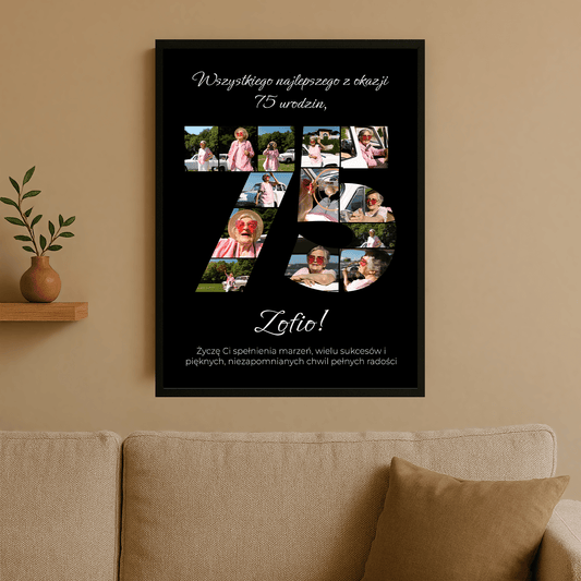 Czarny plakat jubileuszowy 75 lat – personalizowany prezent dla niej - Emmygift.pl