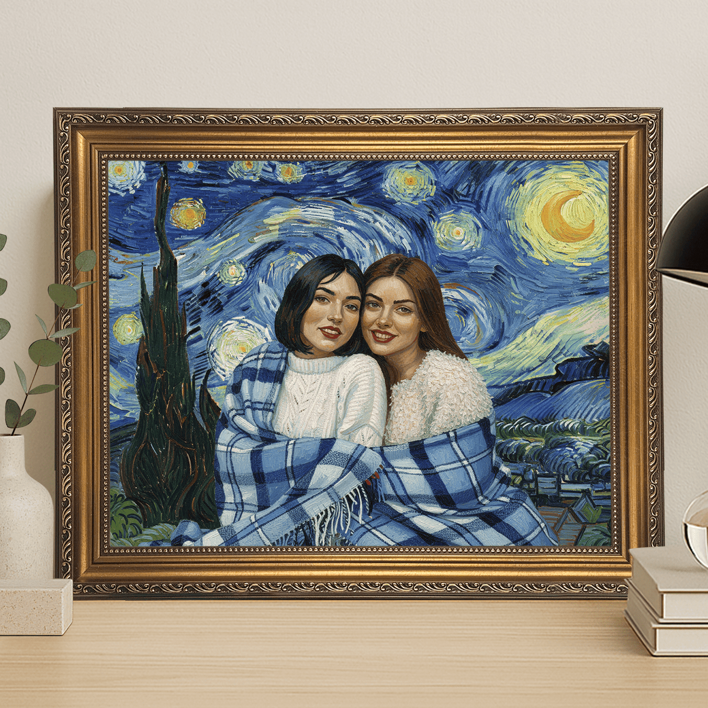 Dwie przyjaciółki na tle nocnego nieba - portret na płótnie dla przyjaciółki - Emmygift.pl