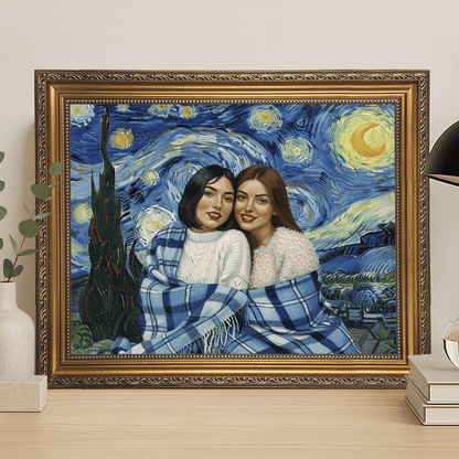 Dwie przyjaciółki na tle nocnego nieba - portret na płótnie dla przyjaciółki - Emmygift.pl