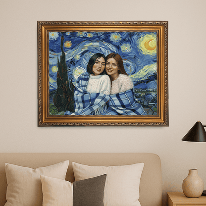 Dwie przyjaciółki na tle nocnego nieba - portret na płótnie dla przyjaciółki - Emmygift.pl