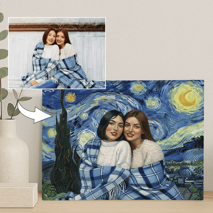 Dwie przyjaciółki na tle nocnego nieba - portret na płótnie dla przyjaciółki - Emmygift.pl