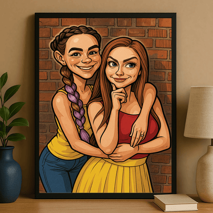 Dwie przyjaciółki w stylu komiksowego realizmu - portret na plakacie dla przyjaciółki - Emmygift.pl