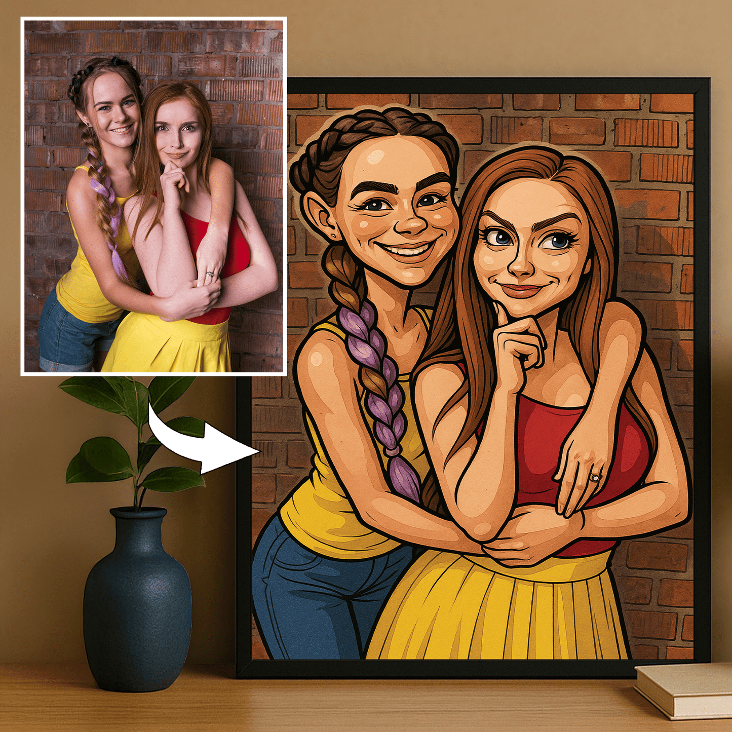 Dwie przyjaciółki w stylu komiksowego realizmu - portret na plakacie dla przyjaciółki - Emmygift.pl