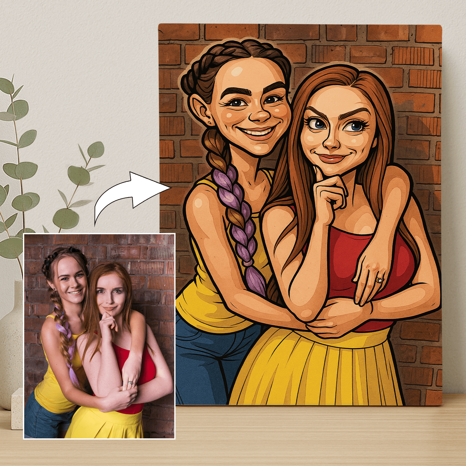 Dwie przyjaciółki w stylu komiksowego realizmu - portret na płótnie dla przyjaciółki - Emmygift.pl