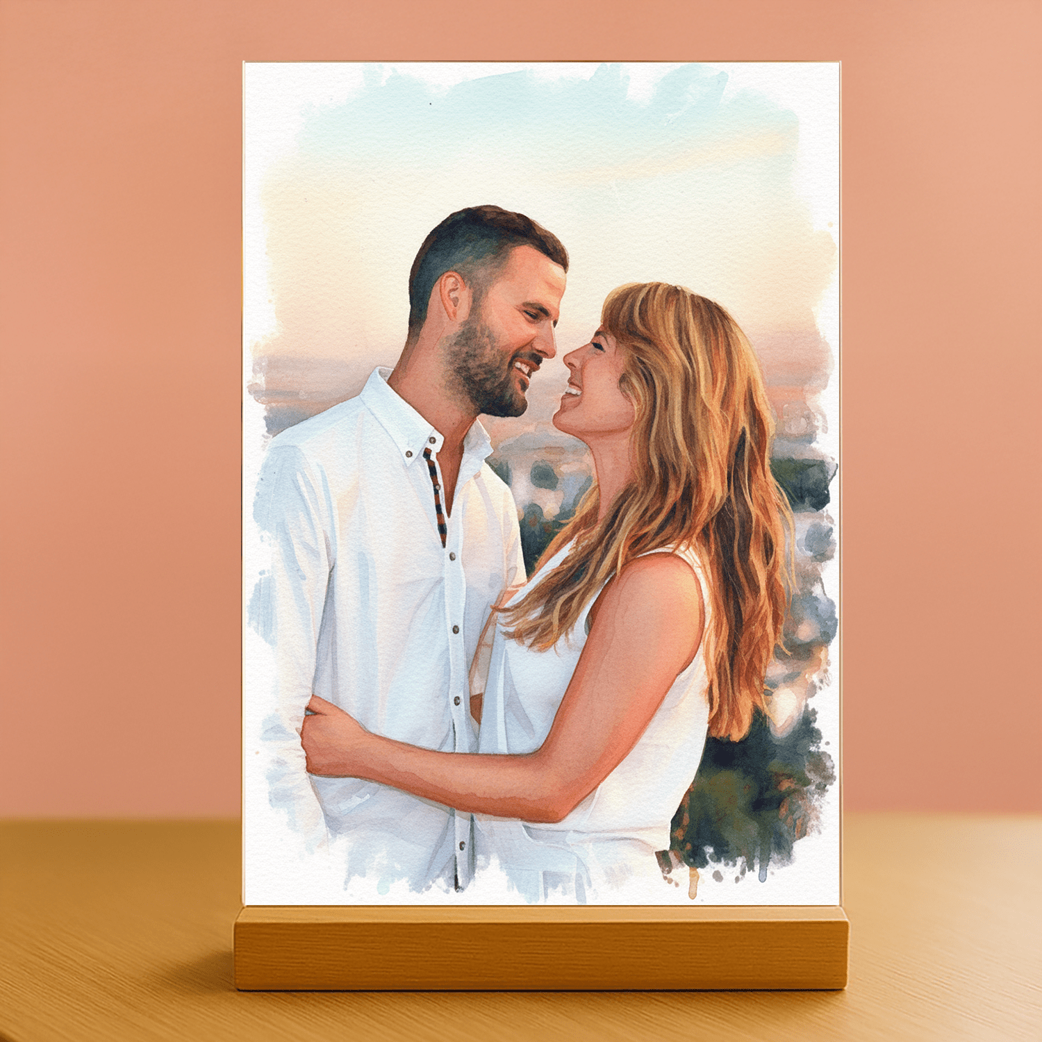 Dwoje zakochanych styl akwarelowy - portret na szkle akrylowym dla pary - Emmygift.pl