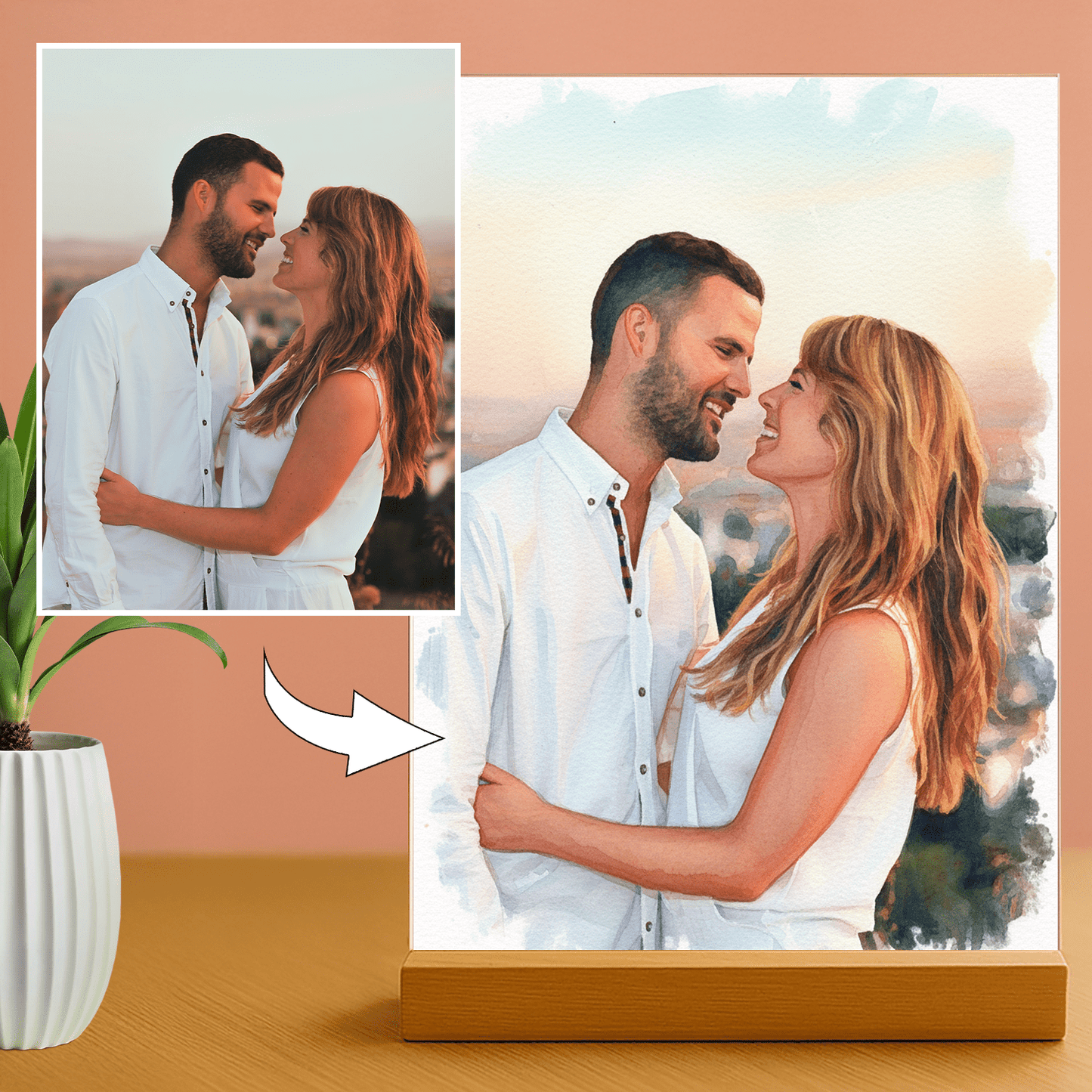 Dwoje zakochanych styl akwarelowy - portret na szkle akrylowym dla pary - Emmygift.pl