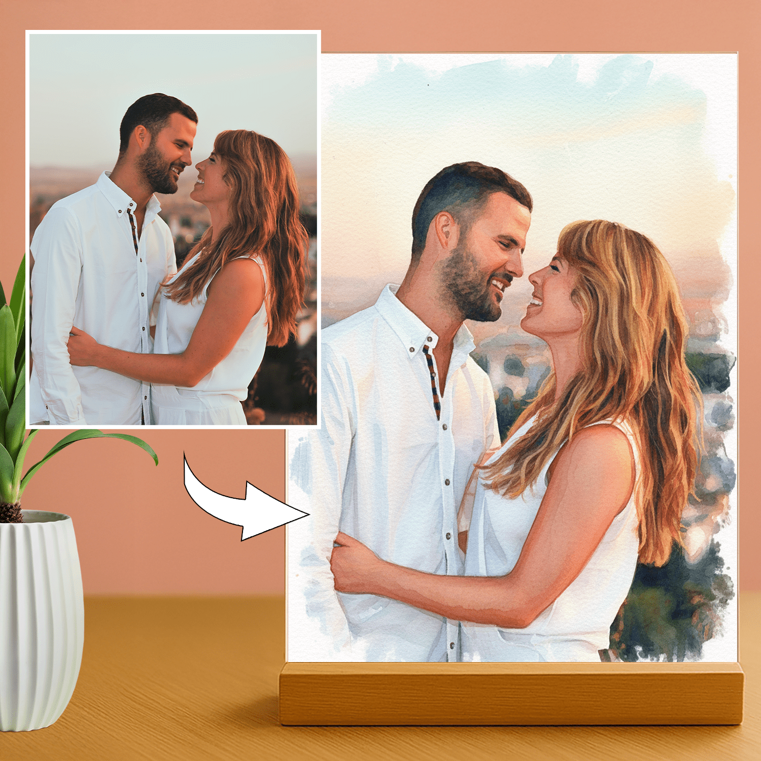 Dwoje zakochanych styl akwarelowy - portret na szkle akrylowym dla pary - Emmygift.pl