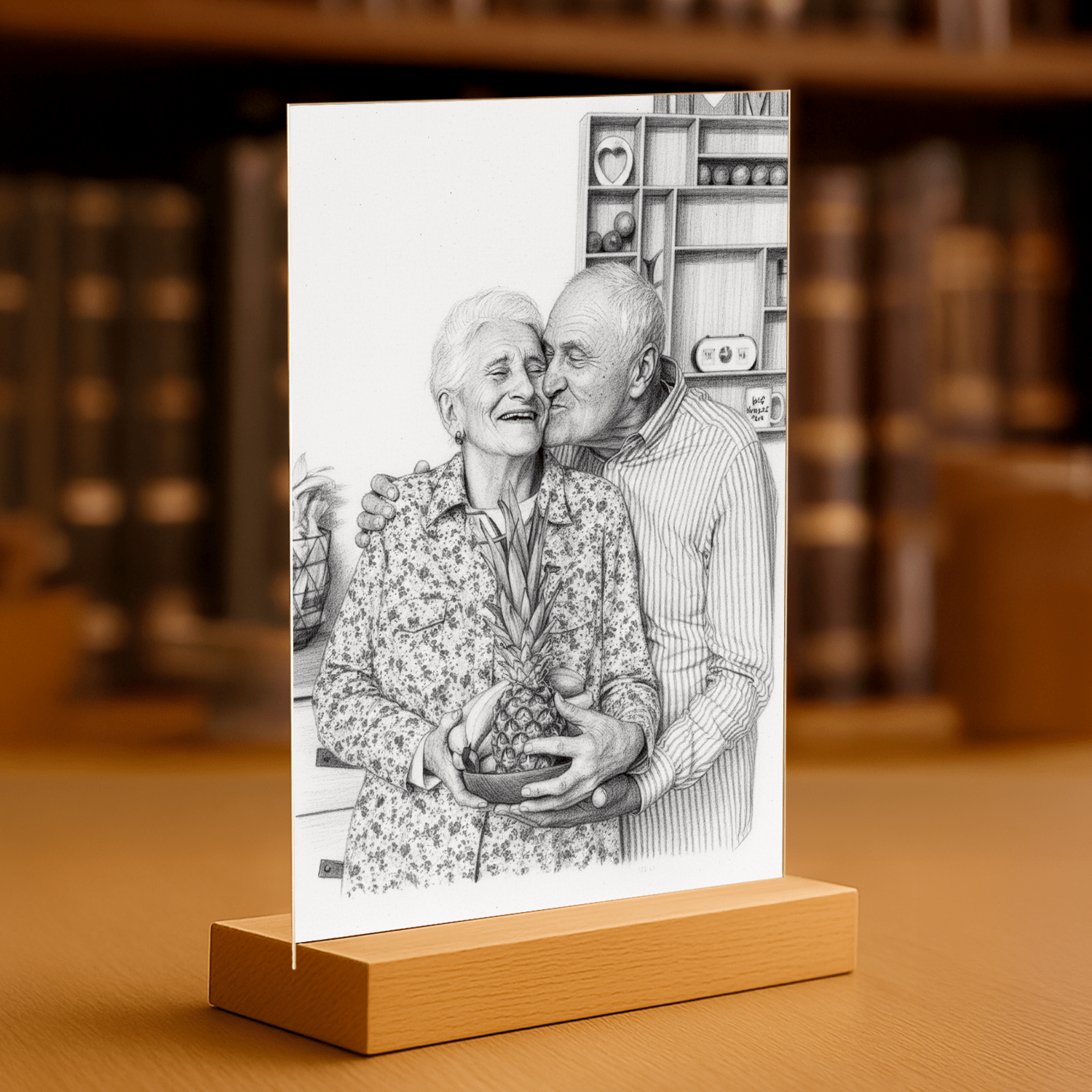 Dziadkowie jak naszkicowani ołowkiem - portret na szkle akrylowym dla dziadków - Emmygift.pl