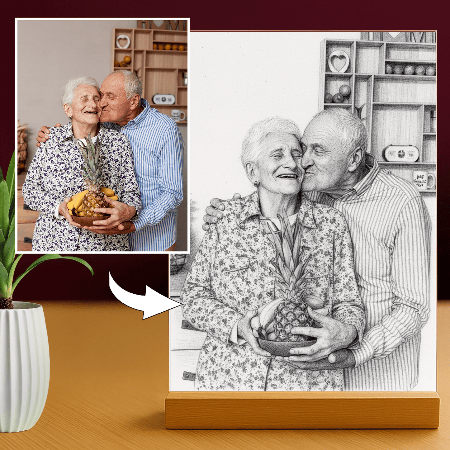 Dziadkowie jak naszkicowani ołowkiem - portret na szkle akrylowym dla dziadków - Emmygift.pl