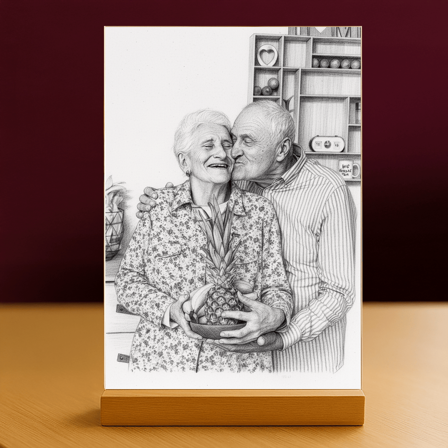 Dziadkowie jak naszkicowani ołowkiem - portret na szkle akrylowym dla dziadków - Emmygift.pl