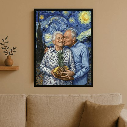 Dziadkowie na tle gwieździstego nieba - portret na plakacie dla dziadków - Emmygift.pl