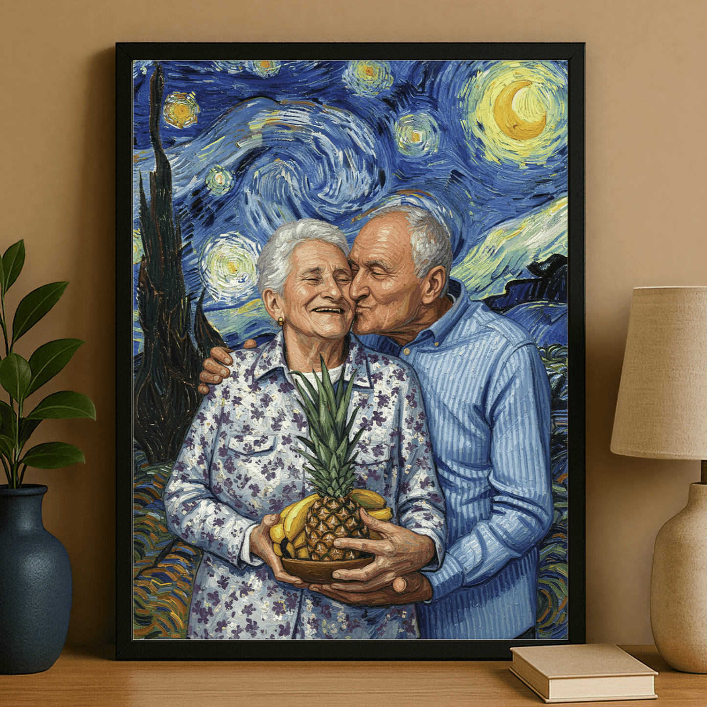 Dziadkowie na tle gwieździstego nieba - portret na plakacie dla dziadków - Emmygift.pl