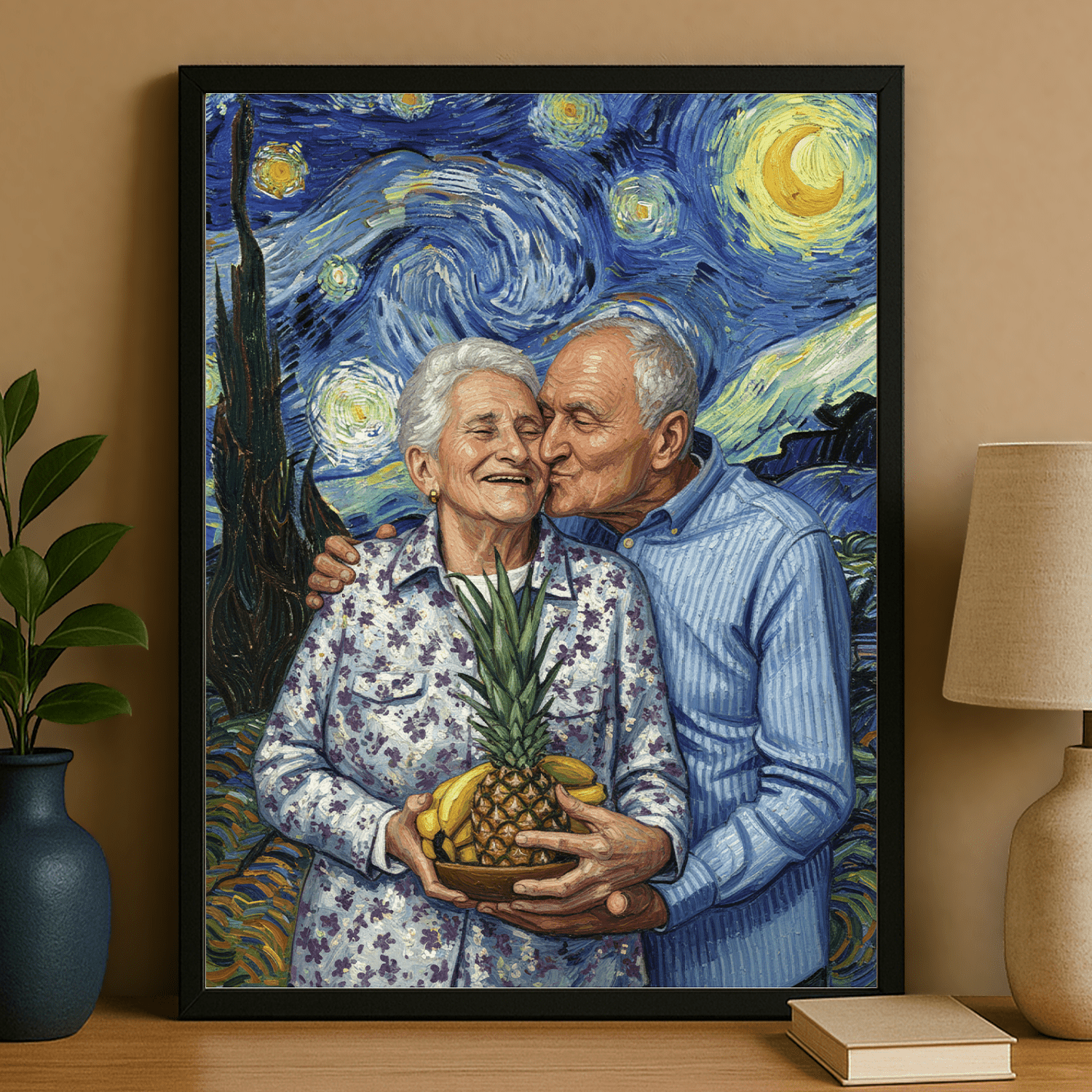 Dziadkowie na tle gwieździstego nieba - portret na plakacie dla dziadków - Emmygift.pl