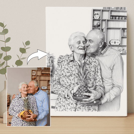 Dziadkowie naszkicowani ołówkiem - portret na płótnie dla dziadków - Emmygift.pl