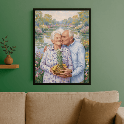 Dziadkowie spacerujący nad stawem - portret na plakacie dla dziadków - Emmygift.pl