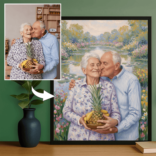 Dziadkowie spacerujący nad stawem - portret na plakacie dla dziadków - Emmygift.pl