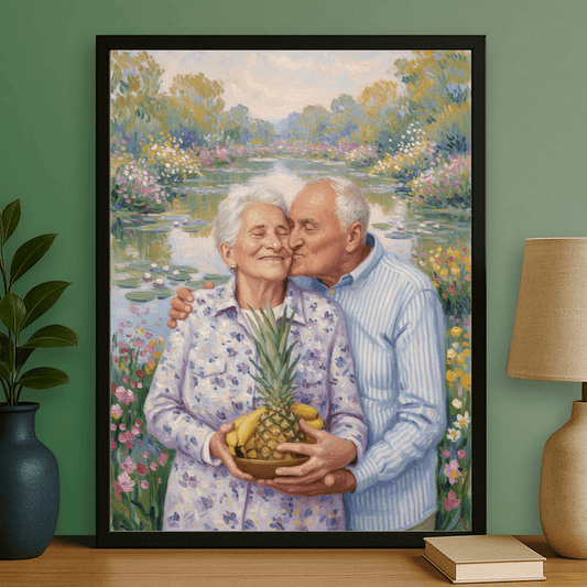 Dziadkowie spacerujący nad stawem - portret na plakacie dla dziadków - Emmygift.pl