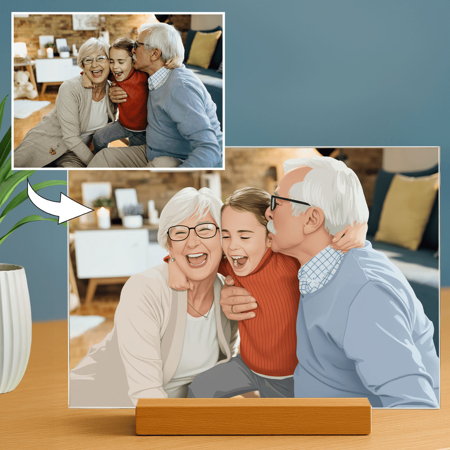 Dziadkowie w stylu ilustracyjnym - portret na szkle akrylowym dla dziadków - Emmygift.pl