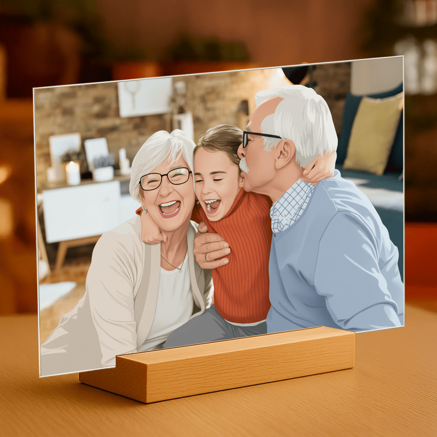 Dziadkowie w stylu ilustracyjnym - portret na szkle akrylowym dla dziadków - Emmygift.pl