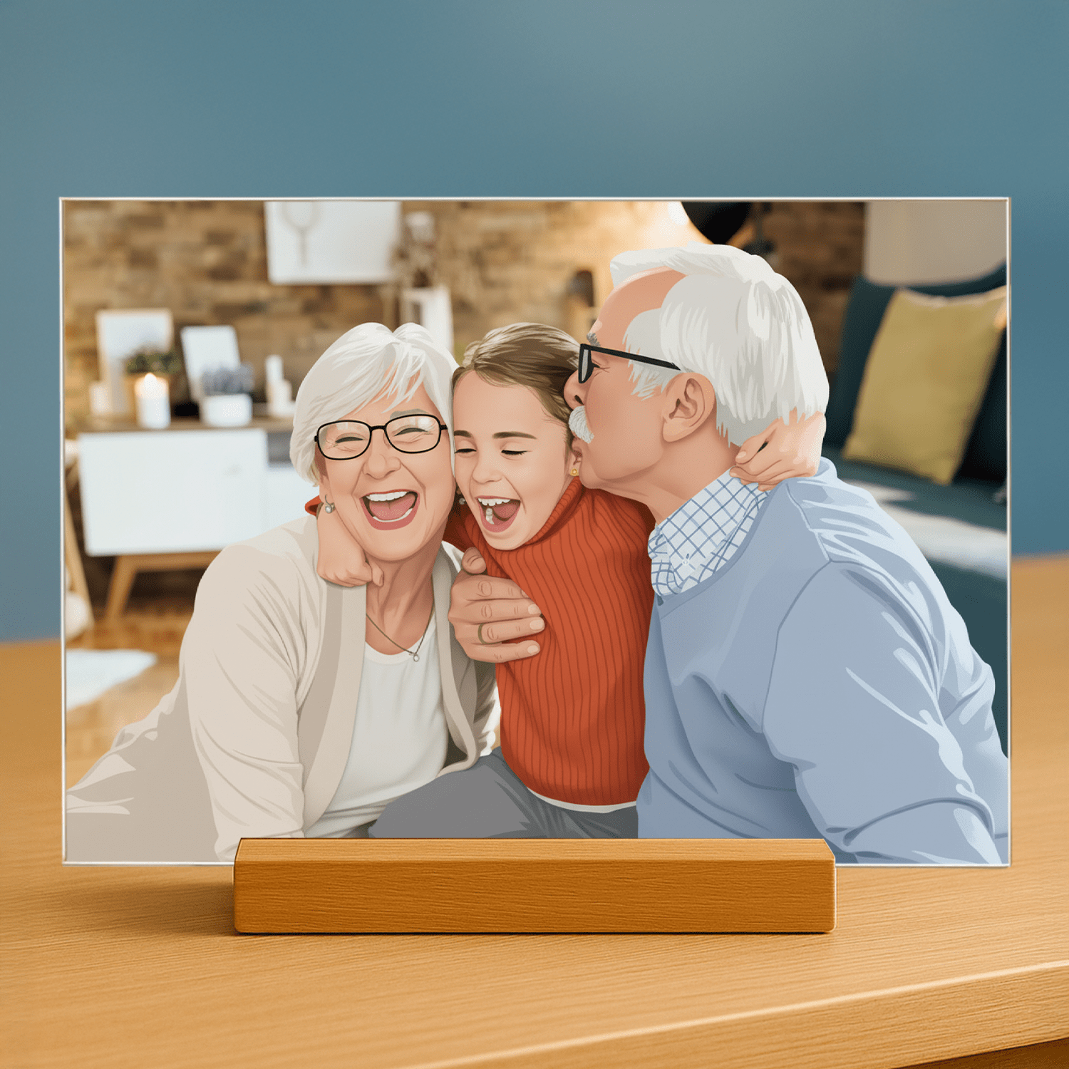 Dziadkowie w stylu ilustracyjnym - portret na szkle akrylowym dla dziadków - Emmygift.pl