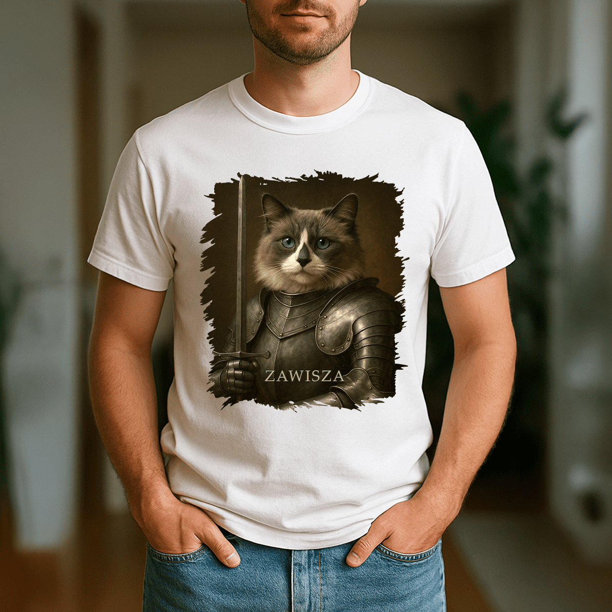 Dzielny rycerz kot - koszulka męska z nadrukiem dla miłośnika kotów - Emmygift.pl