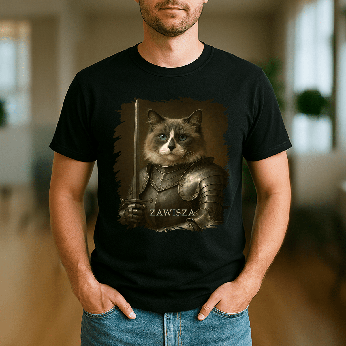 Dzielny rycerz kot - koszulka męska z nadrukiem dla miłośnika kotów - Emmygift.pl