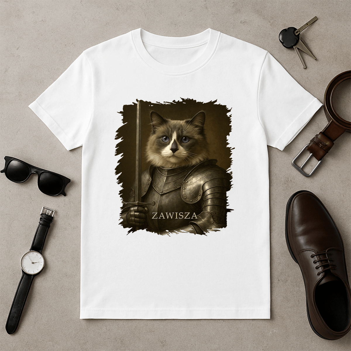 Dzielny rycerz kot - koszulka męska z nadrukiem dla miłośnika kotów - Emmygift.pl