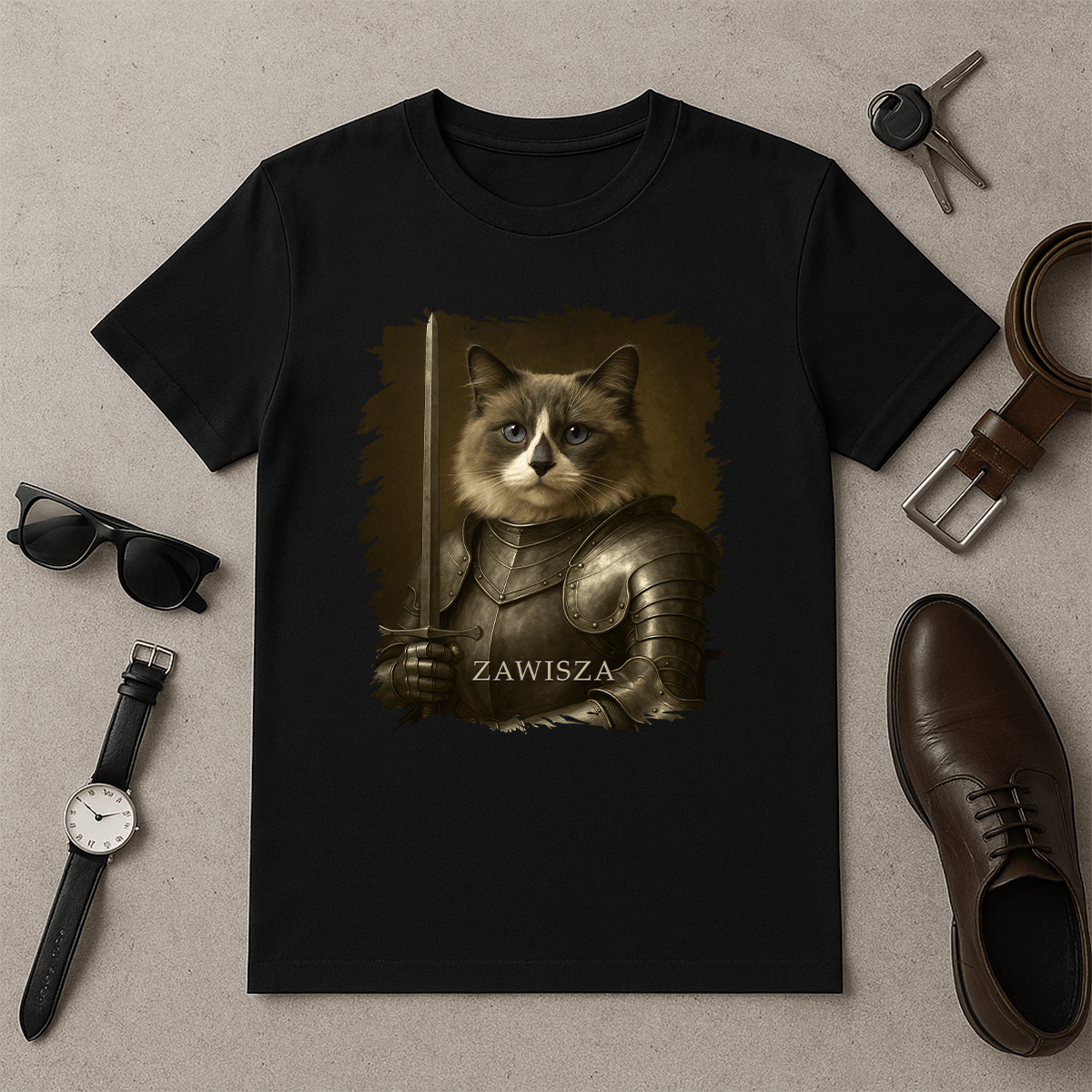Dzielny rycerz kot - koszulka męska z nadrukiem dla miłośnika kotów - Emmygift.pl