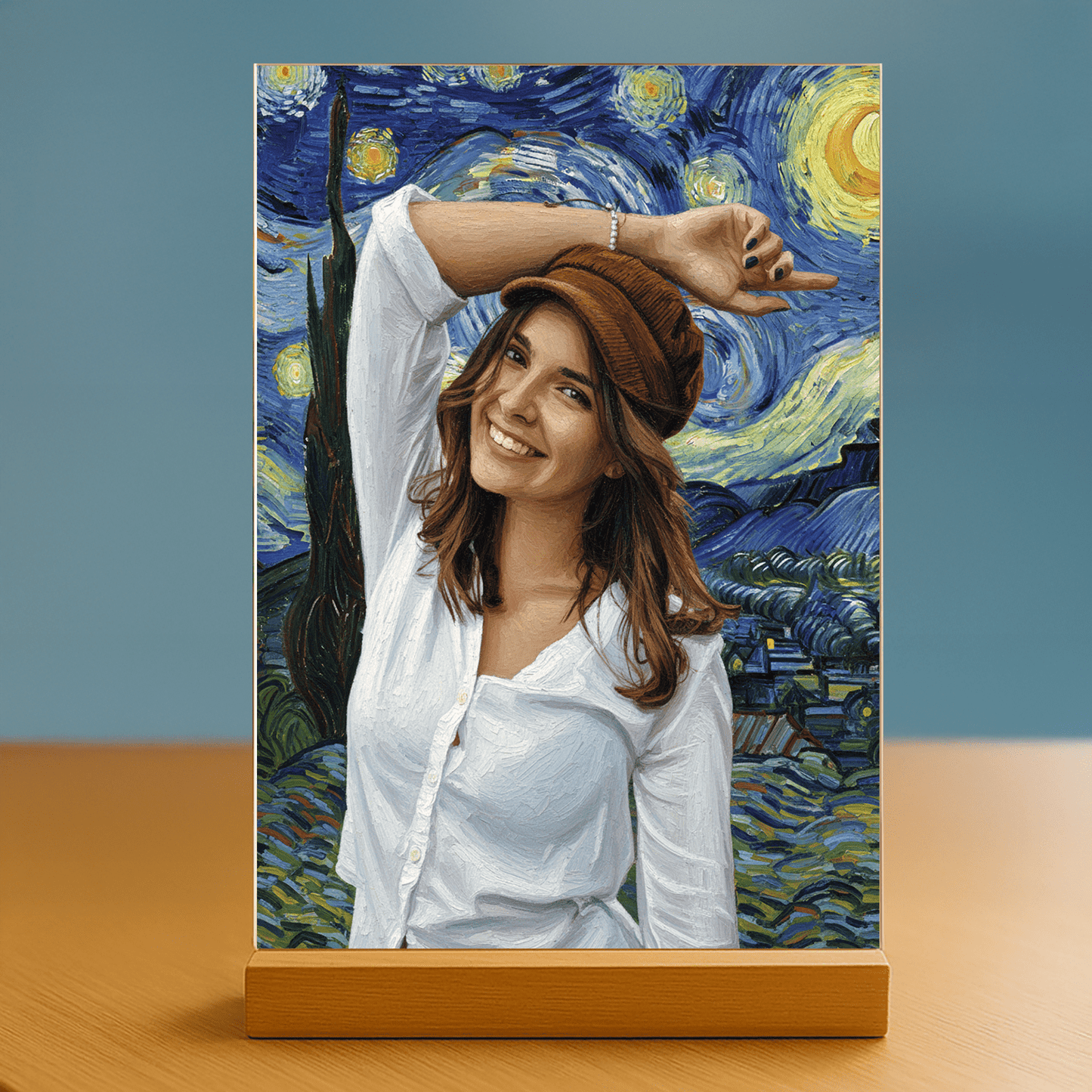 Dziewczyna na tle gwieździstego nieba - portret na szkle akrylowym dla niej - Emmygift.pl