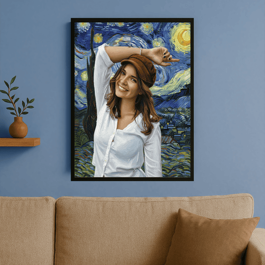Dziewczyna z gwieździstym tłem - portret na plakacie dla niej - Emmygift.pl