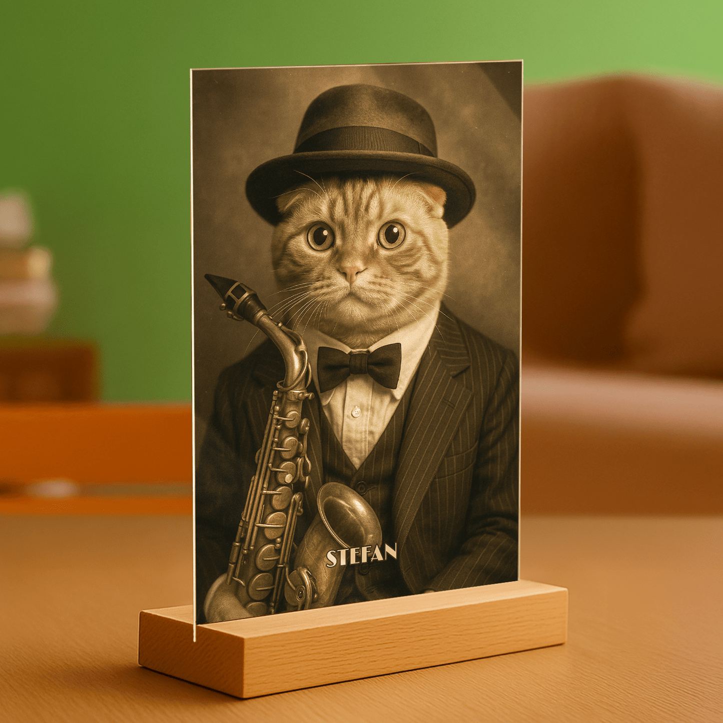 Elegancki kot muzyk - portret na szkle akrylowym dla miłośnika kotów - Emmygift.pl