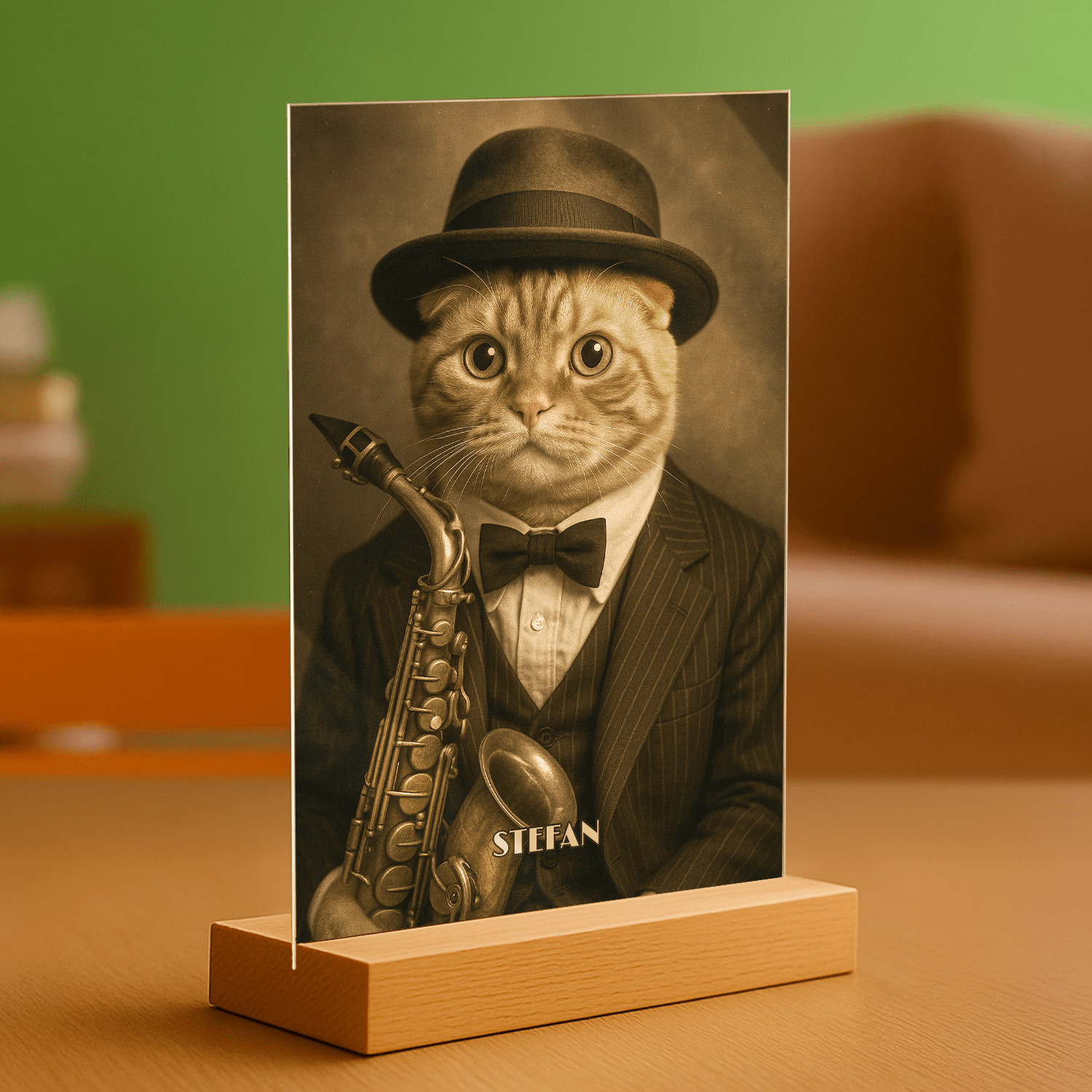 Elegancki kot muzyk - portret na szkle akrylowym dla miłośnika kotów - Emmygift.pl
