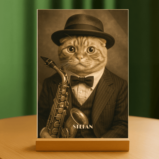 Elegancki kot muzyk - portret na szkle akrylowym dla miłośnika kotów - Emmygift.pl