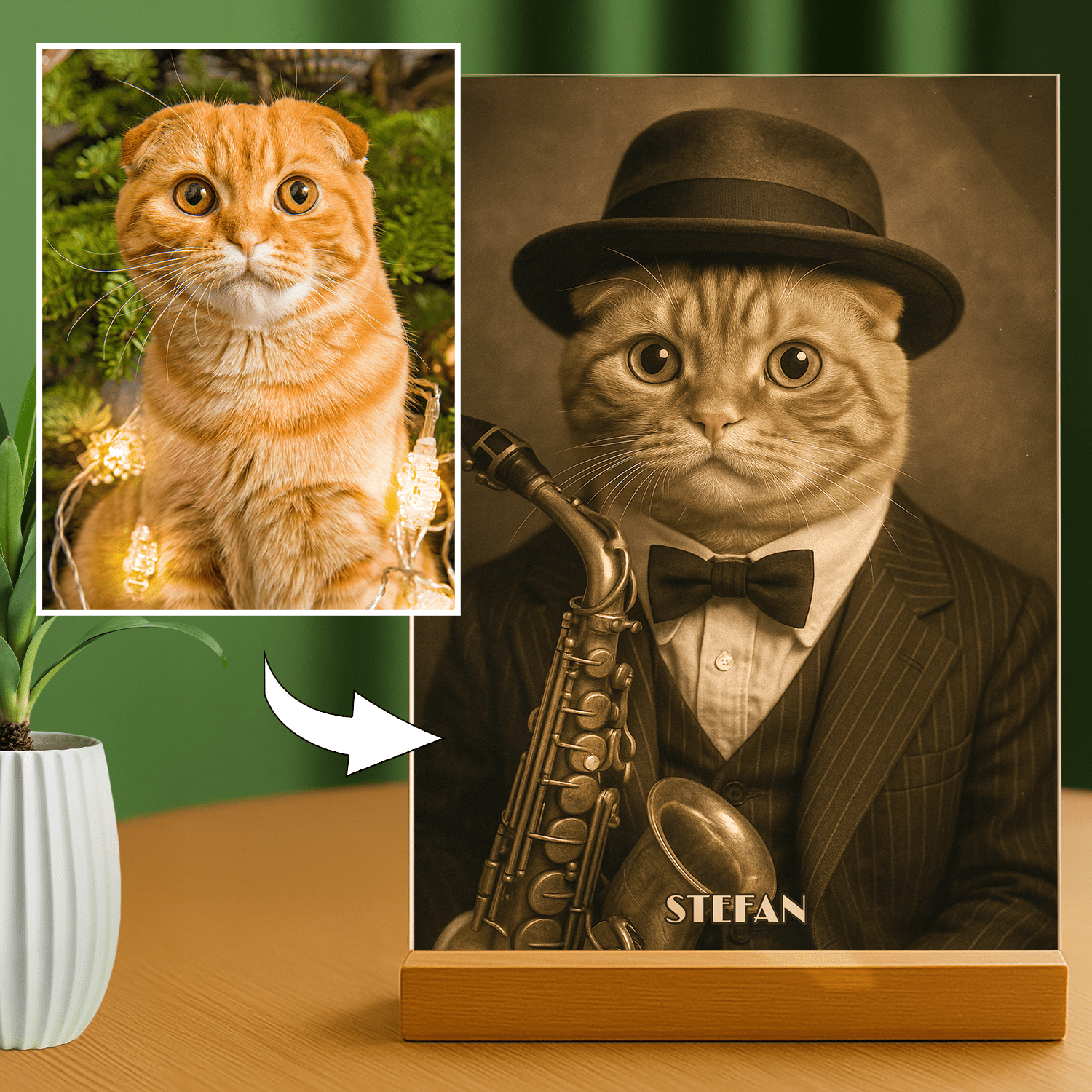 Elegancki kot muzyk - portret na szkle akrylowym dla miłośnika kotów - Emmygift.pl