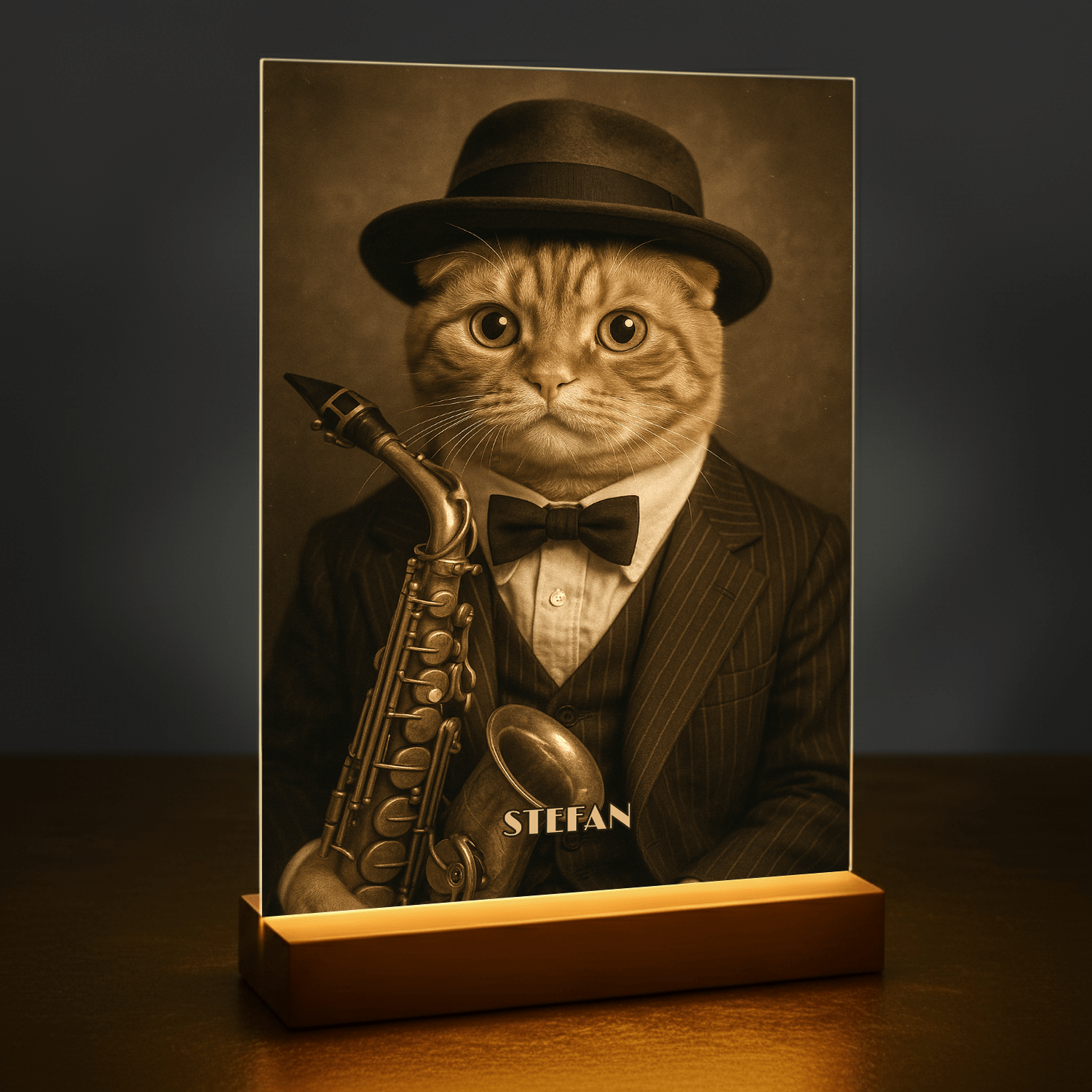Elegancki kot muzyk - portret na szkle akrylowym dla miłośnika kotów - Emmygift.pl