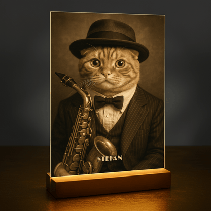 Elegancki kot muzyk - portret na szkle akrylowym dla miłośnika kotów - Emmygift.pl
