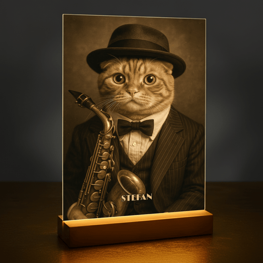 Elegancki kot muzyk - portret na szkle akrylowym dla miłośnika kotów - Emmygift.pl
