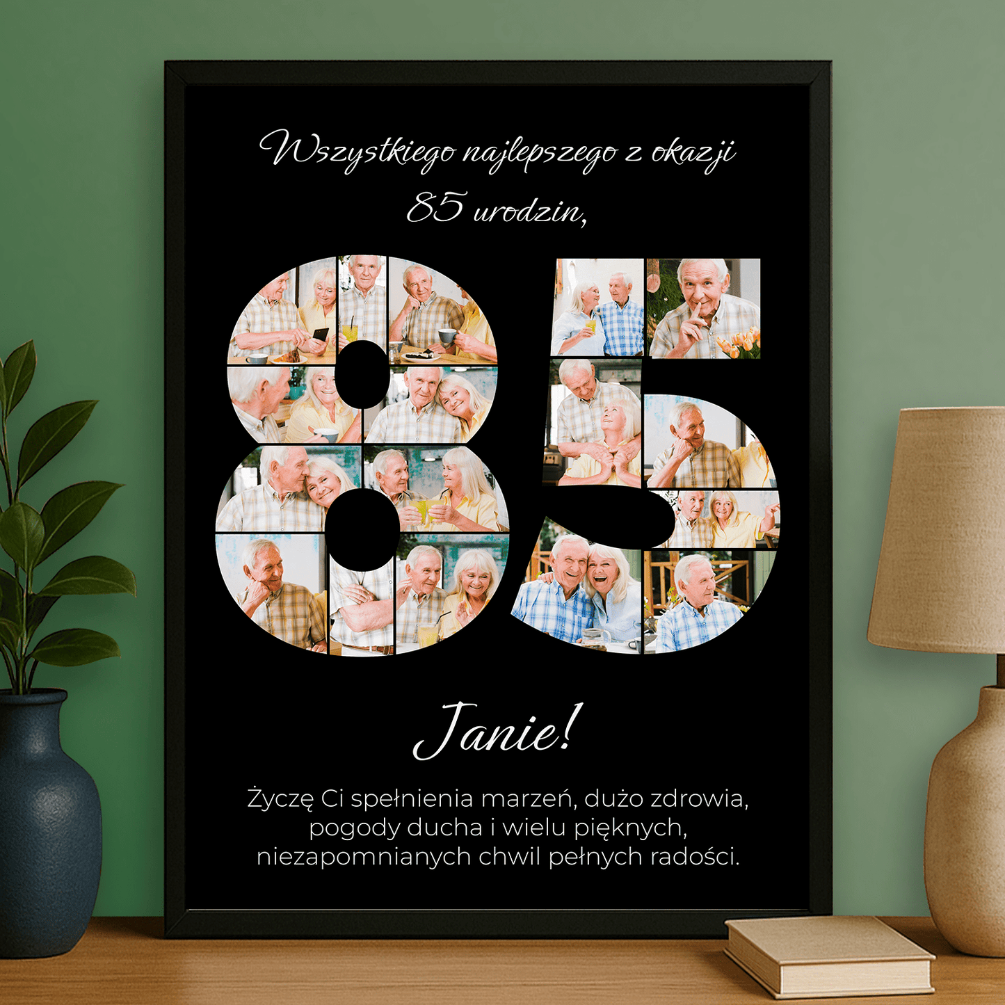 Elegancki plakat personalizowany na 85. urodziny – czarne tło - Emmygift.pl