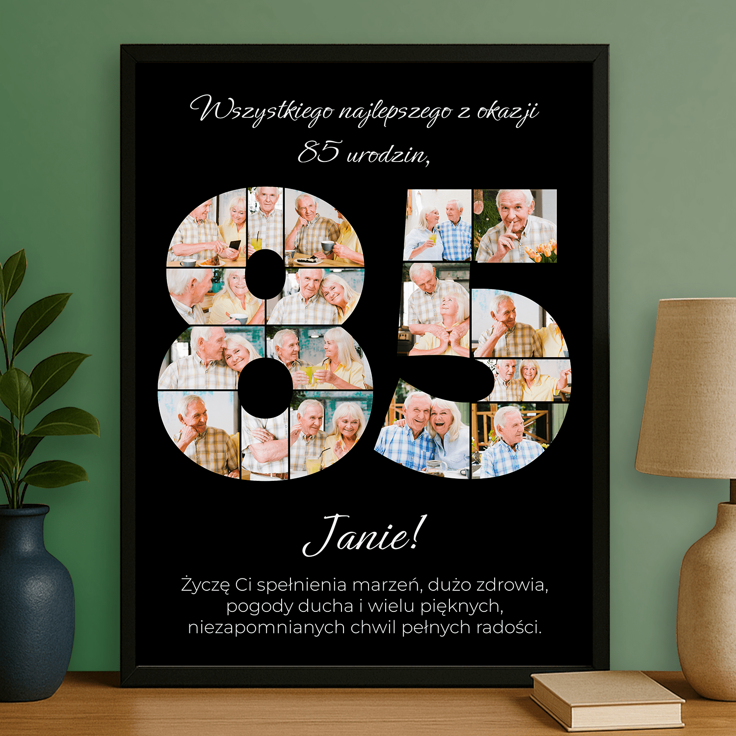 Elegancki plakat personalizowany na 85. urodziny – czarne tło - Emmygift.pl